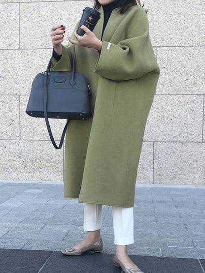 xakxx Long Sleeves Loose Solid Color Collarless Woolen Coat