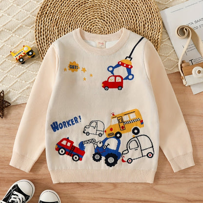 Boys Cartoon Car Pattern Sweater Round Neck Long Sleeve Stretch Warm Knit Pullover Top Kids Clothes Outdoor