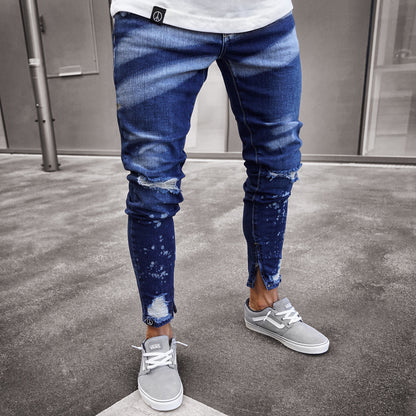 2025 2025 ripped denim men's pants wish popular paint zipper personalized slim-fitting small feet jeans