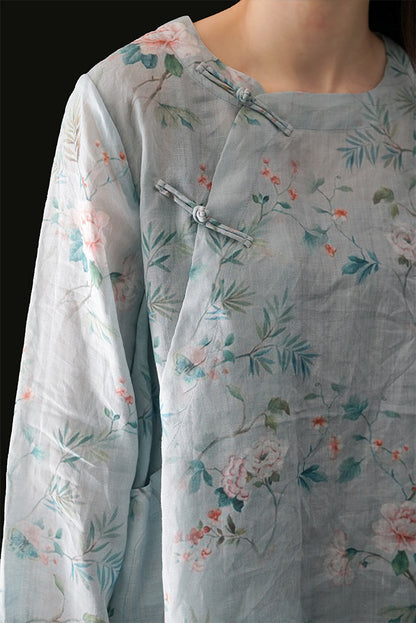 19 Summer Ramie Hanfu Zen Art Tea Clothing National Style Top Shirt Vintage Printed Zen Clothing S1946