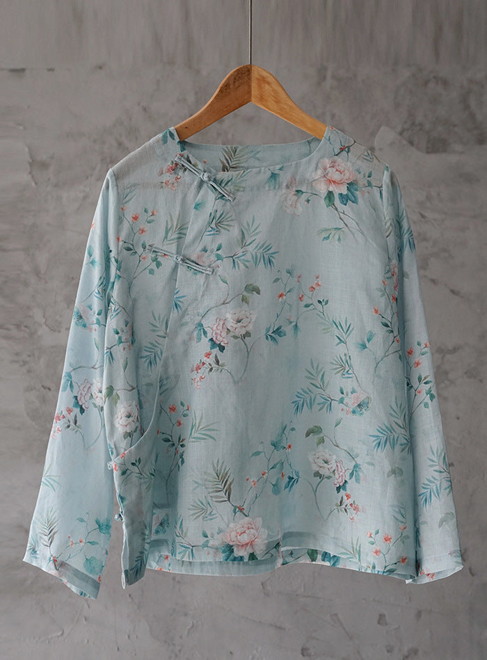 19 Summer Ramie Hanfu Zen Art Tea Clothing National Style Top Shirt Vintage Printed Zen Clothing S1946