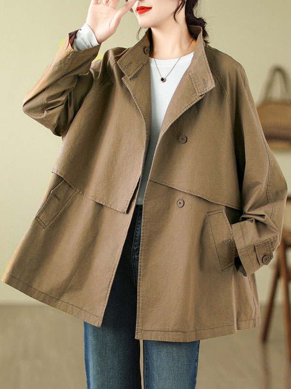 xakxx Long Sleeves Loose Asymmetric Buttoned Pockets Solid Color Split-Joint Stand Collar Outerwear Trench Coats