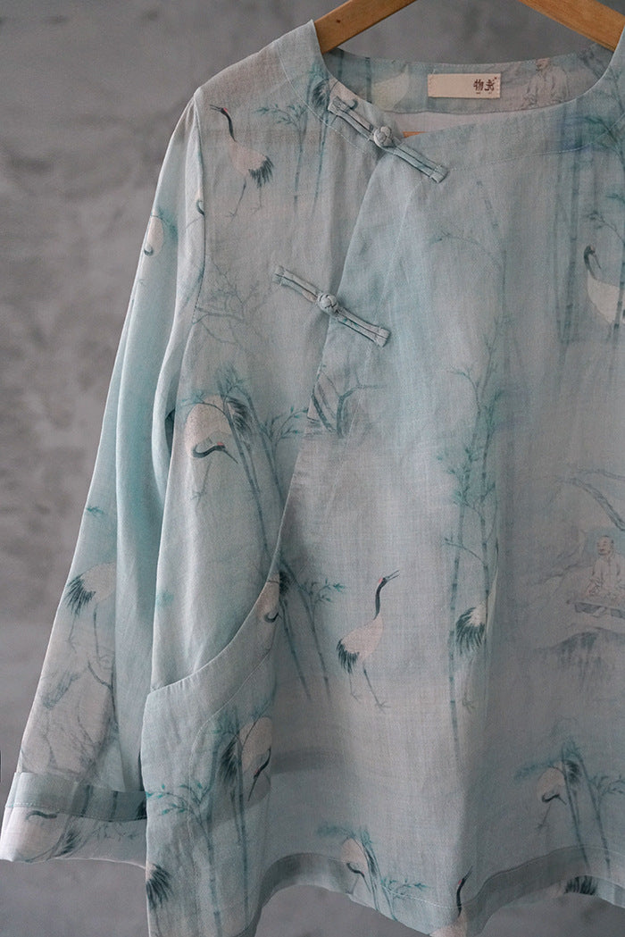 19 Summer Ramie Hanfu Zen Art Tea Clothing National Style Top Shirt Vintage Printed Zen Clothing S1946
