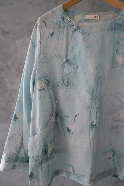 19 Summer Ramie Hanfu Zen Art Tea Clothing National Style Top Shirt Vintage Printed Zen Clothing S1946