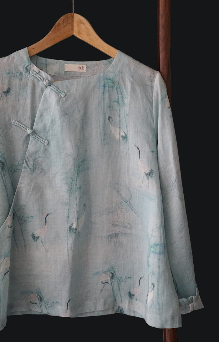 19 Summer Ramie Hanfu Zen Art Tea Clothing National Style Top Shirt Vintage Printed Zen Clothing S1946