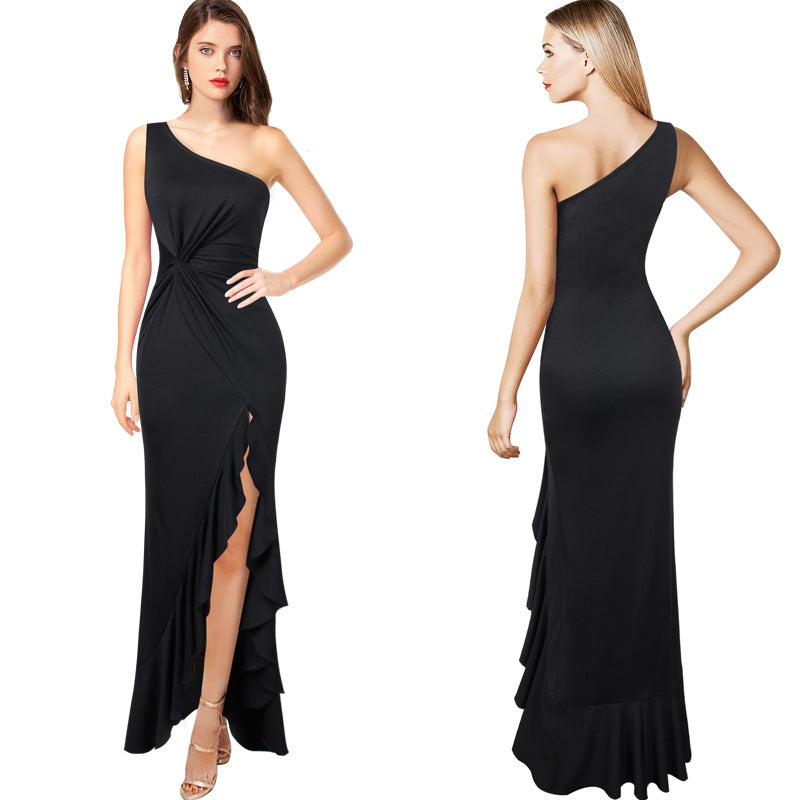 2025 Summer One Shoulder Evening Dress Women's Black Large Swing Dress Slim-Fit Jumpsuit Long Dress One Piece Dropshipping