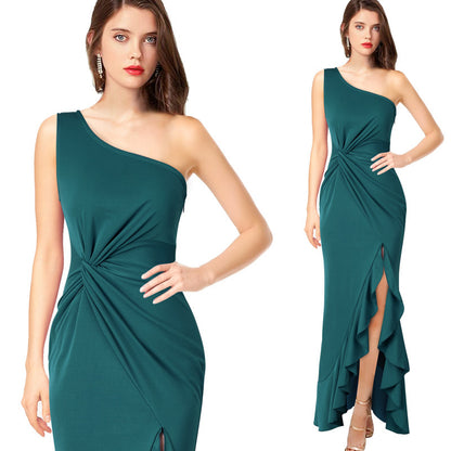 2025 Summer One Shoulder Evening Dress Women's Black Large Swing Dress Slim-Fit Jumpsuit Long Dress One Piece Dropshipping