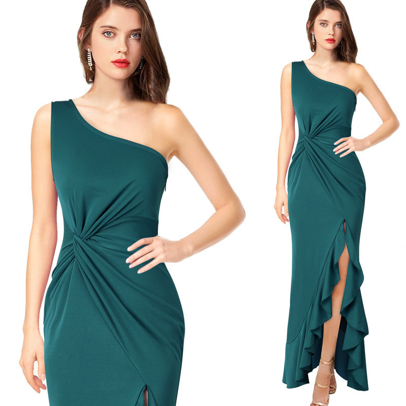 2025 Summer One Shoulder Evening Dress Women's Black Large Swing Dress Slim-Fit Jumpsuit Long Dress One Piece Dropshipping