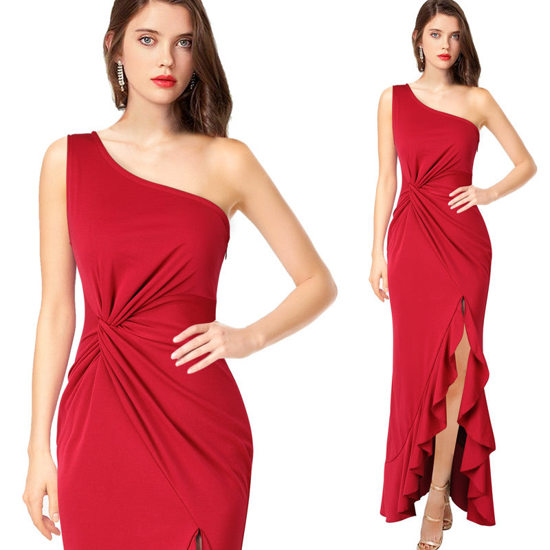 2025 Summer One Shoulder Evening Dress Women's Black Large Swing Dress Slim-Fit Jumpsuit Long Dress One Piece Dropshipping