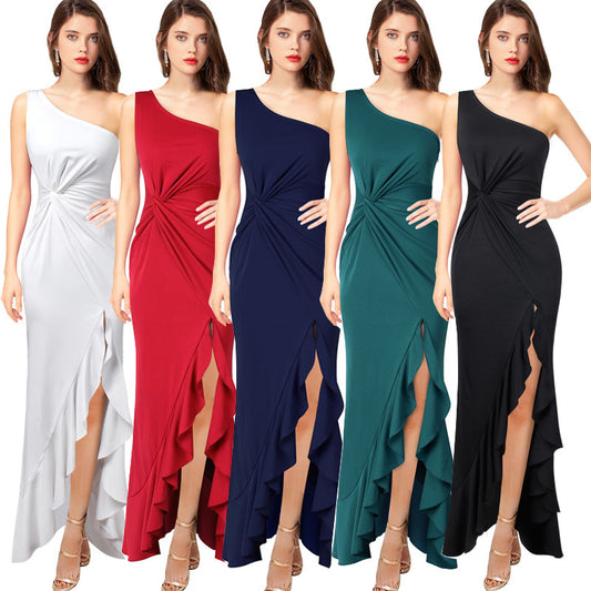 2025 Summer One Shoulder Evening Dress Women's Black Large Swing Dress Slim-Fit Jumpsuit Long Dress One Piece Dropshipping