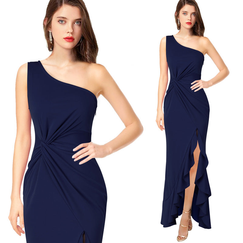 2025 Summer One Shoulder Evening Dress Women's Black Large Swing Dress Slim-Fit Jumpsuit Long Dress One Piece Dropshipping