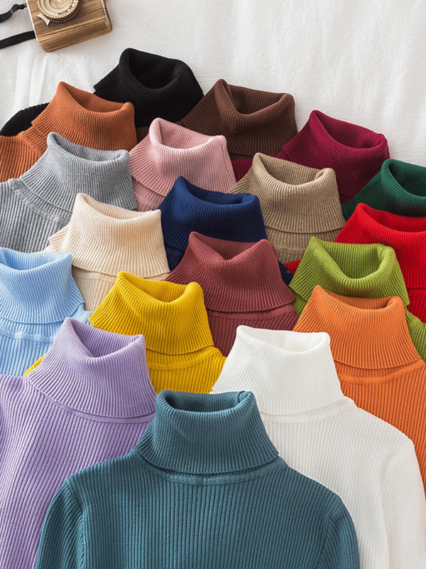 xakxx Simple Skinny Solid Color High-Neck Sweater Tops