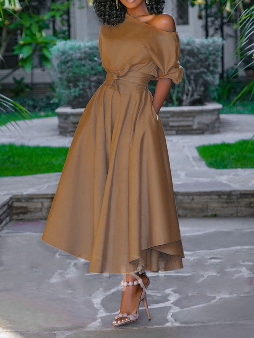 2025 New summer new Popular trade  2025 women's clothing single shoulder lace waist medium and long dress medium skirt
