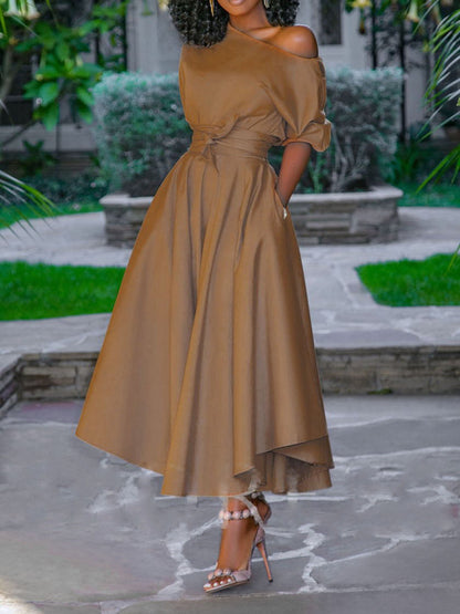 2025 New summer new Popular trade  2025 women's clothing single shoulder lace waist medium and long dress medium skirt