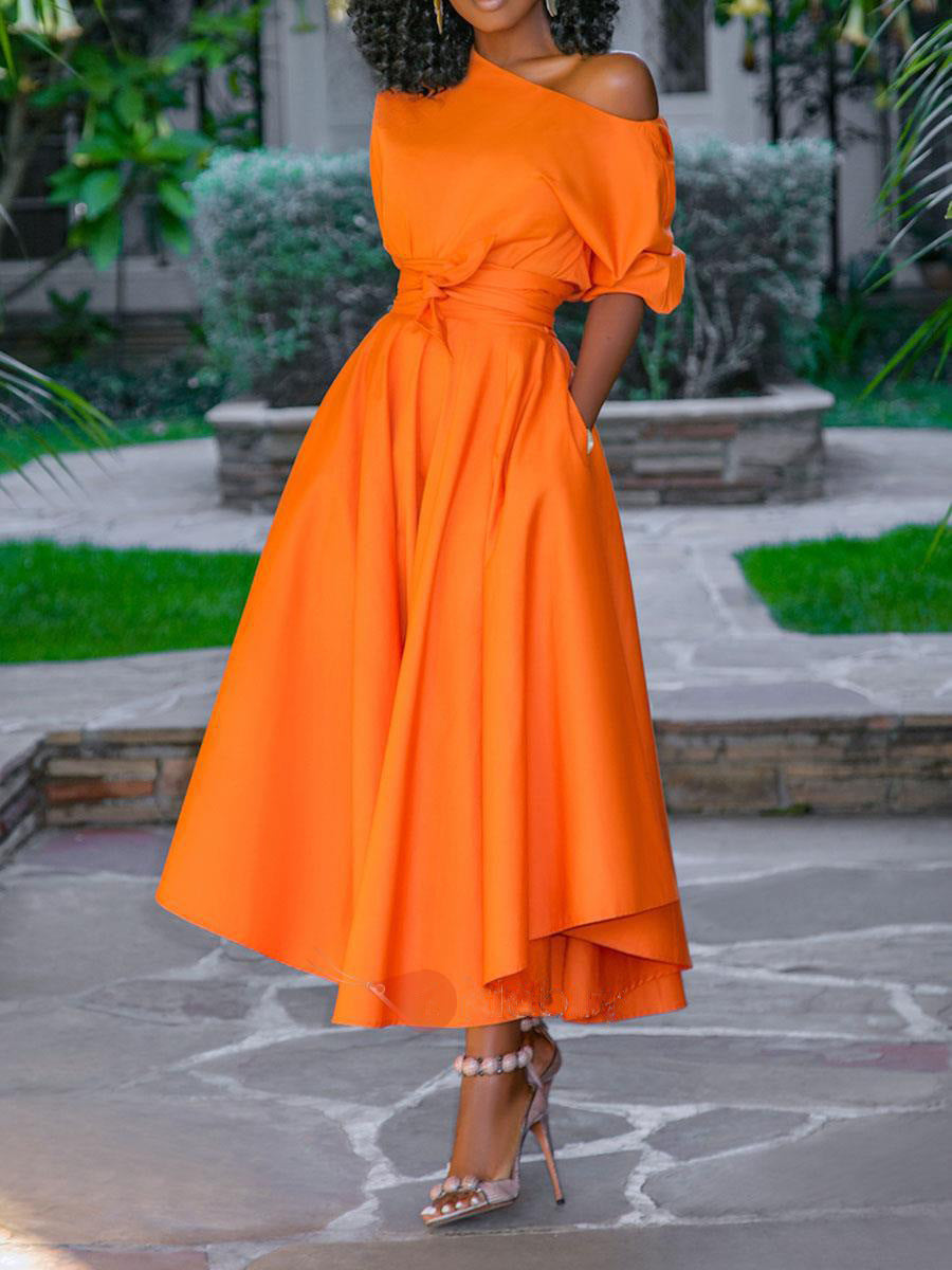 2025 New summer new Popular trade  2025 women's clothing single shoulder lace waist medium and long dress medium skirt