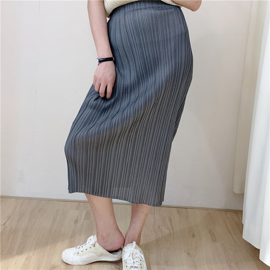 2025 Summer new product temperament Sanzhai skirt casual pleated slim fit long high elastic pleated hip skirt one step skirt