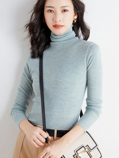 xakxx Simple Skinny Long Sleeves Solid Color High-Neck Sweater Tops Pullovers