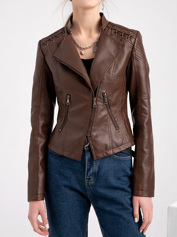 xakxx Long Sleeves Split-Joint Zipper Mock Neck PU Jackets Outerwear