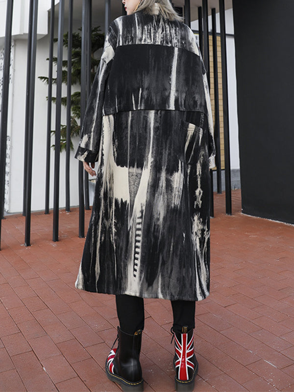xakxx Long Sleeves Loose Drawstring Split-Joint Zipper Round-Neck Trench Coats