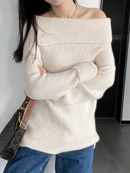 xakxx Long Sleeves Loose Solid Color Off-The-Shoulder Knitwear Pullovers Sweater