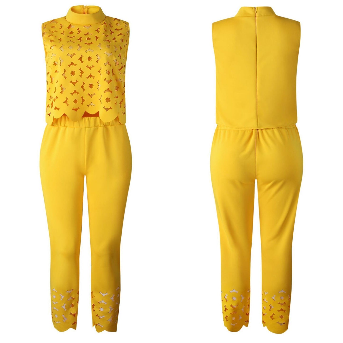 2025 Popular trade women's clothing popular new temperament sleeveless hollow top pants yellow set 2025 two-piece set