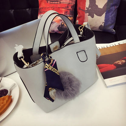 2025 Korean version bag  new tote fashion one shoulder oblique span bag women's portable silk scarf hairball women's bag mother and child bag