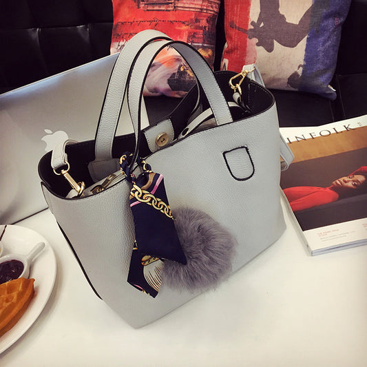 2025 Korean version bag  new tote fashion one shoulder oblique span bag women's portable silk scarf hairball women's bag mother and child bag