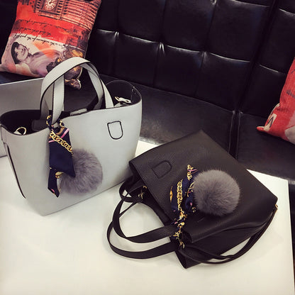 2025 Korean version bag  new tote fashion one shoulder oblique span bag women's portable silk scarf hairball women's bag mother and child bag
