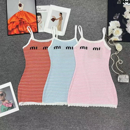 Designer Womens Spaghetti Strap Dress Designer Tops Embroidery Knits Tees Summer Spring Outwears For Lady Slim Dresses Basic Classic Shirts Fluffy Skirts S-L