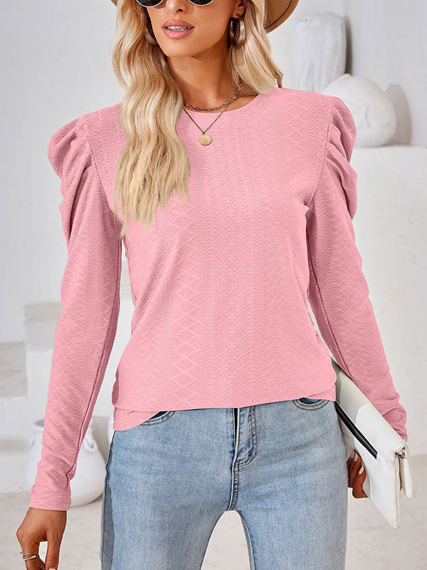 xakxx Long Sleeves Loose Pleated Solid Color Round-Neck T-Shirts Tops