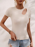 xakxx Short Sleeves Skinny Asymmetric Hollow Solid Color Round-neck T-Shirts Tops