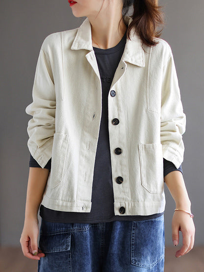 xakxx Vintage Loose Long Sleeves Buttoned Solid Color Lapel Collar Outerwear