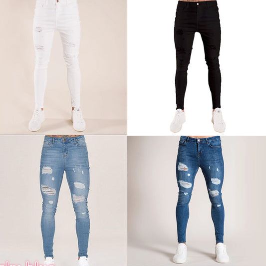 2025 Popularan Station New Men's Pants 2021 Autumn White Ripped 2025 Cross-border Black Slim-fit High Waist Jeans Men's Clothing