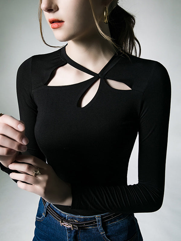 xakxx Long Sleeves Skinny Hollow Solid Color Asymmetric Collar T-Shirts Tops