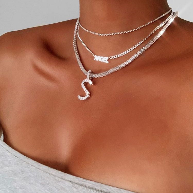 2025 0225  English letter necklace ins women's New with rhinestone pendant simple alloy neck chain necklace