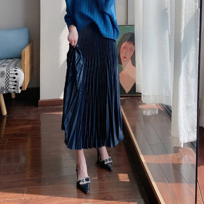 2025 skirt women's drape new high-end niche design sense a word high waist thin pleated medium and long skirt Popular style