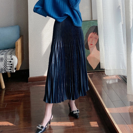 2025 skirt women's drape new high-end niche design sense a word high waist thin pleated medium and long skirt Popular style