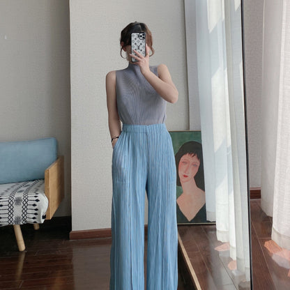 2025 Folded wide-leg pants women's spring and summer new thin long split high waist drape long loose and comfortable casual pants