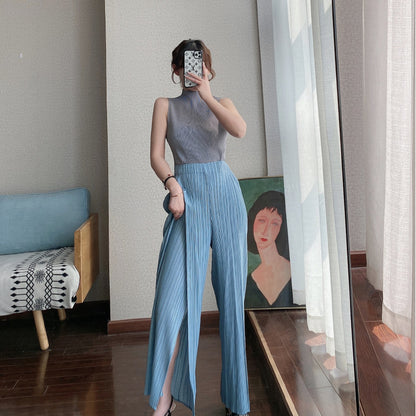 2025 Folded wide-leg pants women's spring and summer new thin long split high waist drape long loose and comfortable casual pants