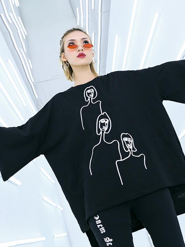 xakxx Embroidered Black&White Loose Round-Neck T-Shirt