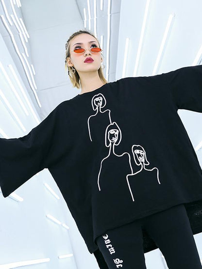 xakxx Embroidered Black&White Loose Round-Neck T-Shirt