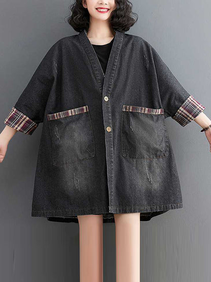 xakxx Long Sleeves Loose Buttoned Plaid Pockets Split-Joint V-Neck Denim Outerwear
