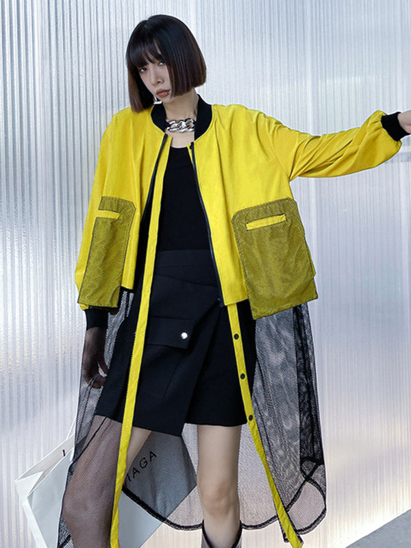 xakxx Stylish Split-Joint With Pocket Mesh Buttoned Stand Collar Long Sleeves Jacket Outwear