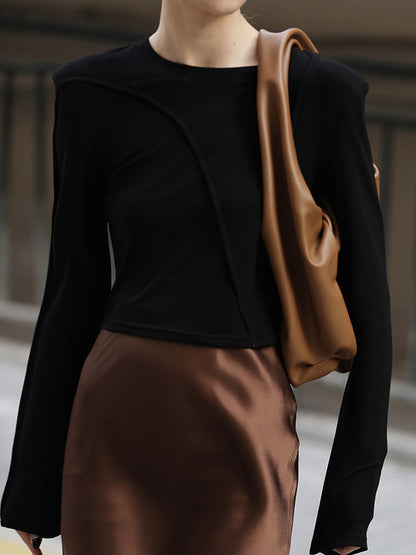 xakxx Long Sleeves Skinny Shoulder Pad Solid Color Round-Neck T-Shirts Tops