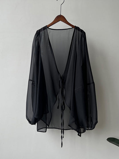 xakxx Bishop Sleeve Long Sleeves See-Through Split-Joint Tied Collarless Blouses&Shirts Tops