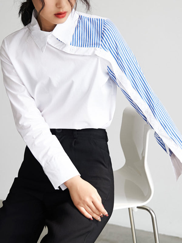 xakxx Long Sleeves Irregularity Striped Solid Contrast Color Lapel Collar Blouses