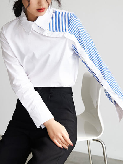 xakxx Long Sleeves Irregularity Striped Solid Contrast Color Lapel Collar Blouses