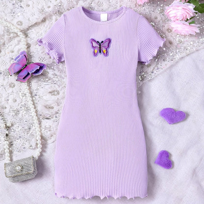 Butterfly Design Frill Trim Short Sleeve Bodycon Dress For Girls Summer Gift Holiday