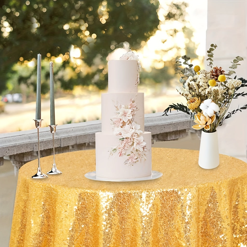 1pc, Luxurious Golden Round Sequin Tablecloth - Dazzling Table Cover for Bridal Shower, Birthday, Wedding, Dessert, Banquet, and Room Decor - Spreads Elegance and Sophistication on Tables