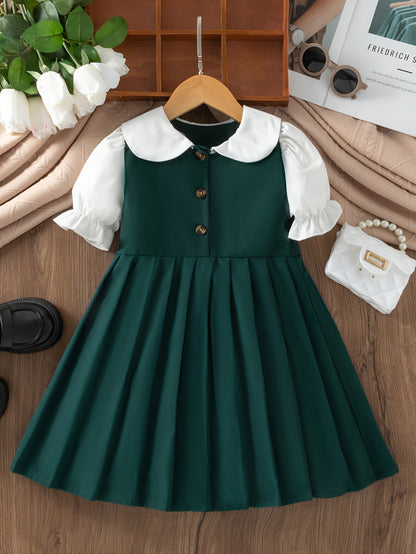 Elegant Girls Preppy Style Doll Collar Pleated Dress - Non-Stretch Polyester Fabric, Machine Washable, Solid Color, A-Line Fit, Perfect for School Uniform or Summer Casual Wear, Easy Care Instructions Included